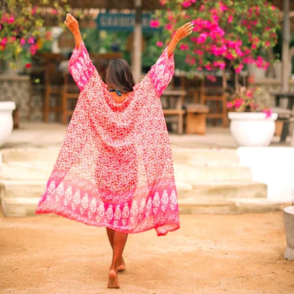 New Boho Peasant Floral Sheer Kimono Maxi Duster Jacket Cardigan Red Pink - Picture 2 of 11